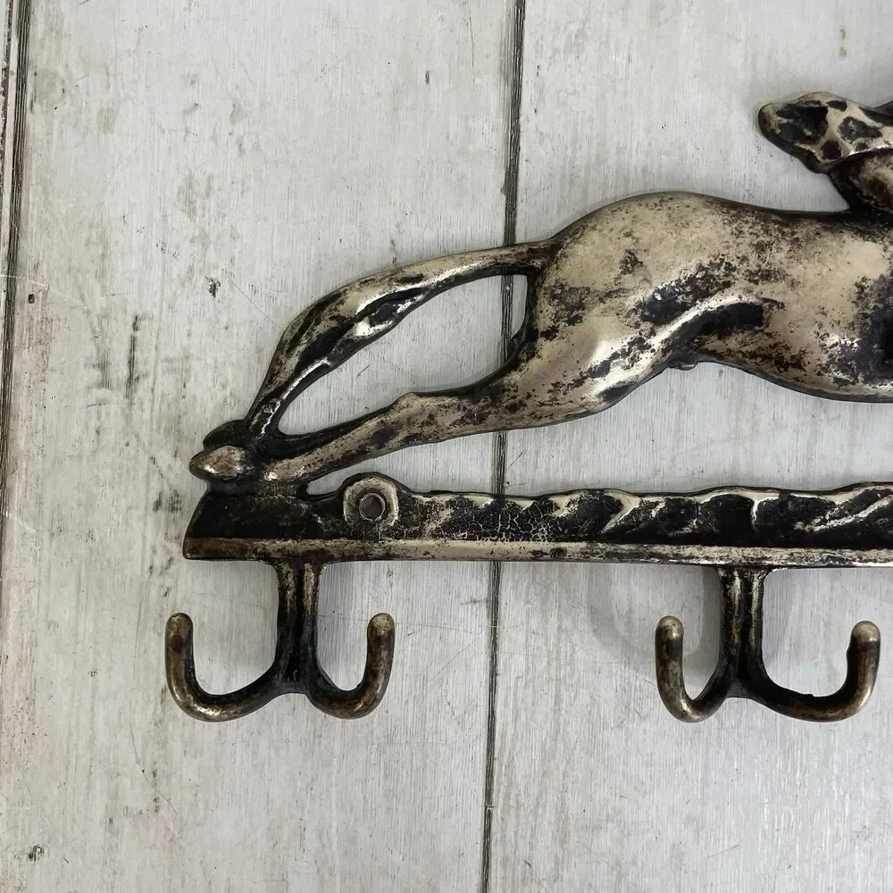 Vintage Brass Horse Rider Wall Hanger Key 6 Hooks